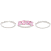 Three elegant rings featuring pink gemstones set in sterling silver, perfect for stylish accessorizing.